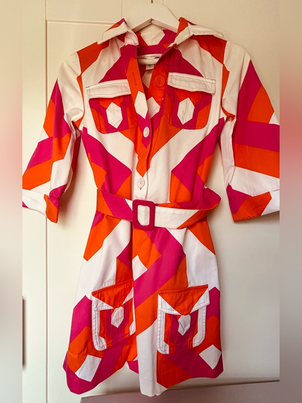 Vintage Diane Von Furstenberg Pink & Orange Geometric Trench Coat Style Dress